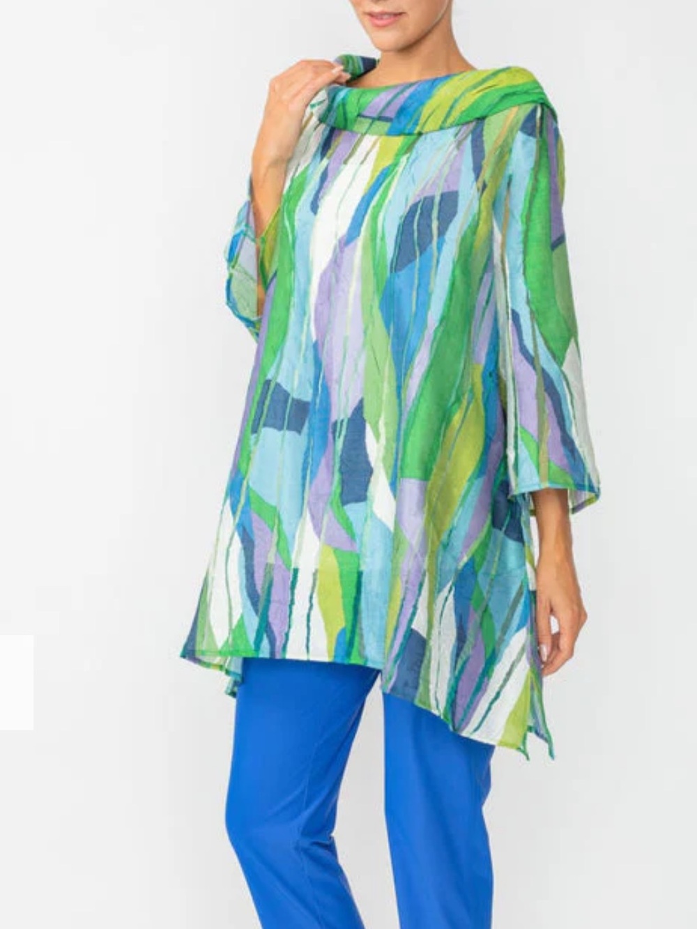 IC by Connie K Side Pocket Blue Green Abstract Lagenlook Tunic Top size M
